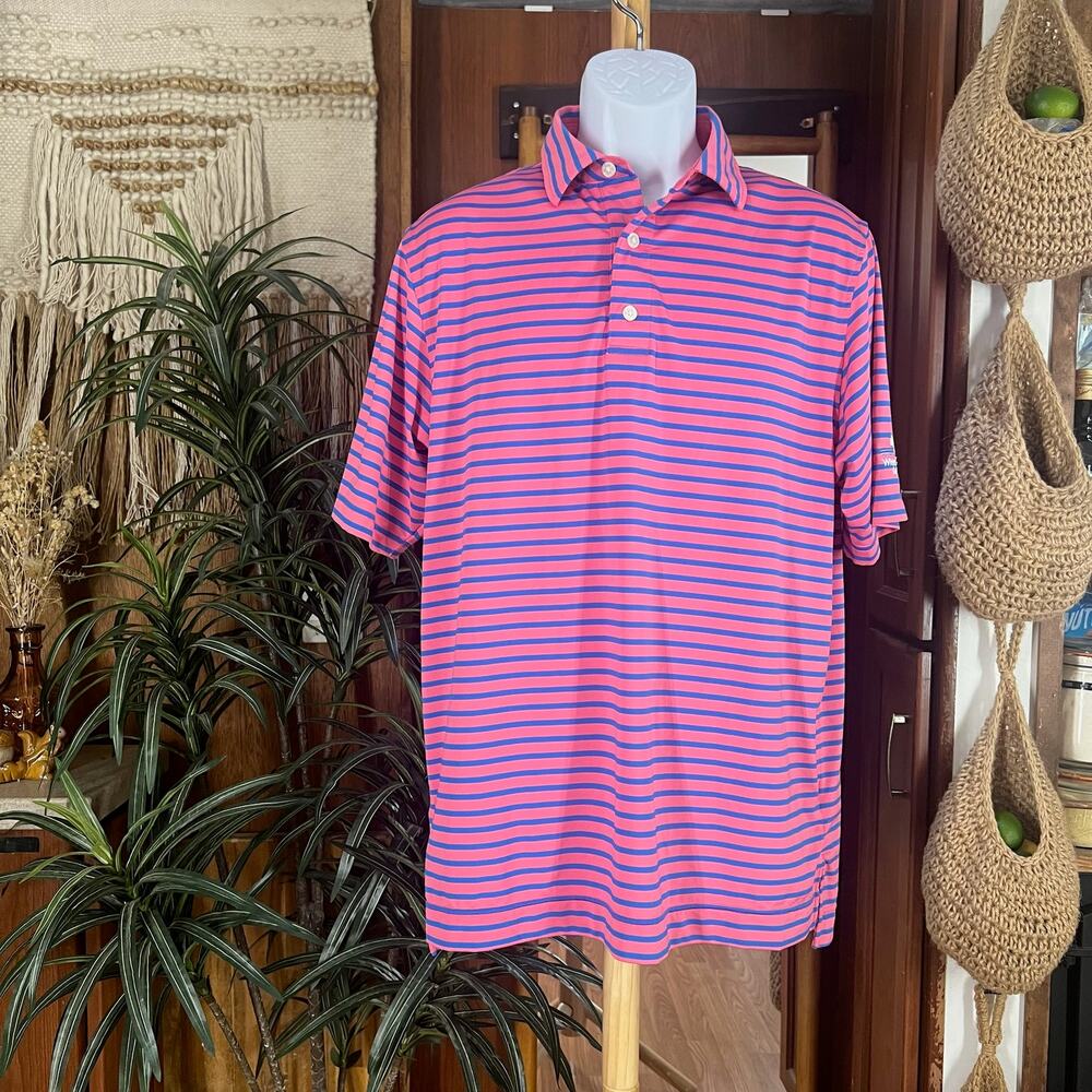 FootJoy Golf Polo Men’s M | Pink Blue Stripe Performance FJ Shirt Whitefish Lake